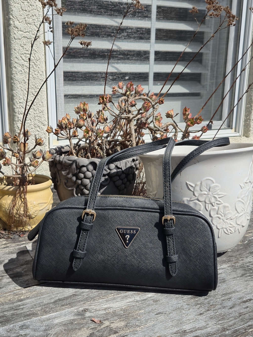 Mini GUESS Black Saffiano Leather Top-Handle Shoulder Bag